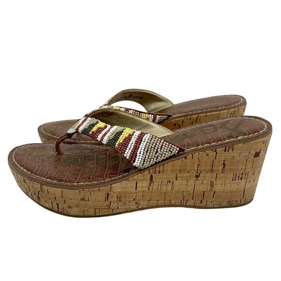SAM EDELMAN Women 7.5 ROSA Beaded Cork Wedge Sandals Shoe Beiges Flip Flops - Picture 5 of 8